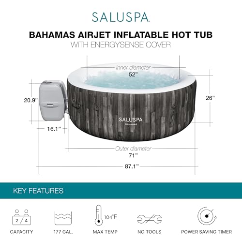 Bestway SaluSpa Cancun AirJet 2 to 4 Person Inflatable Hot Tub, 71 x 26 Inch Round Portable Outdoor Spa with 120 Soothing Jets and Cover, Gray