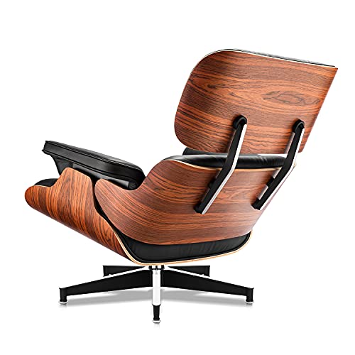 Mid Century Lounge Chair and Ottoman, Modern Chair Classic Design, Top Black Grain Leather Palisander Wood, Heavy Duty Base Support for Living Room Study Lounge Office