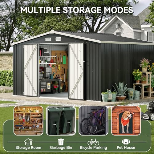 Aoxun 10 x 12FT Outdoor Storage Shed with Double Hinged Large Door Utility Garden Shed with Lockable Door & Sloped Roof Metal Sheds Outdoor Storage for Garden, Backyard, Patio and Backyard, Brown