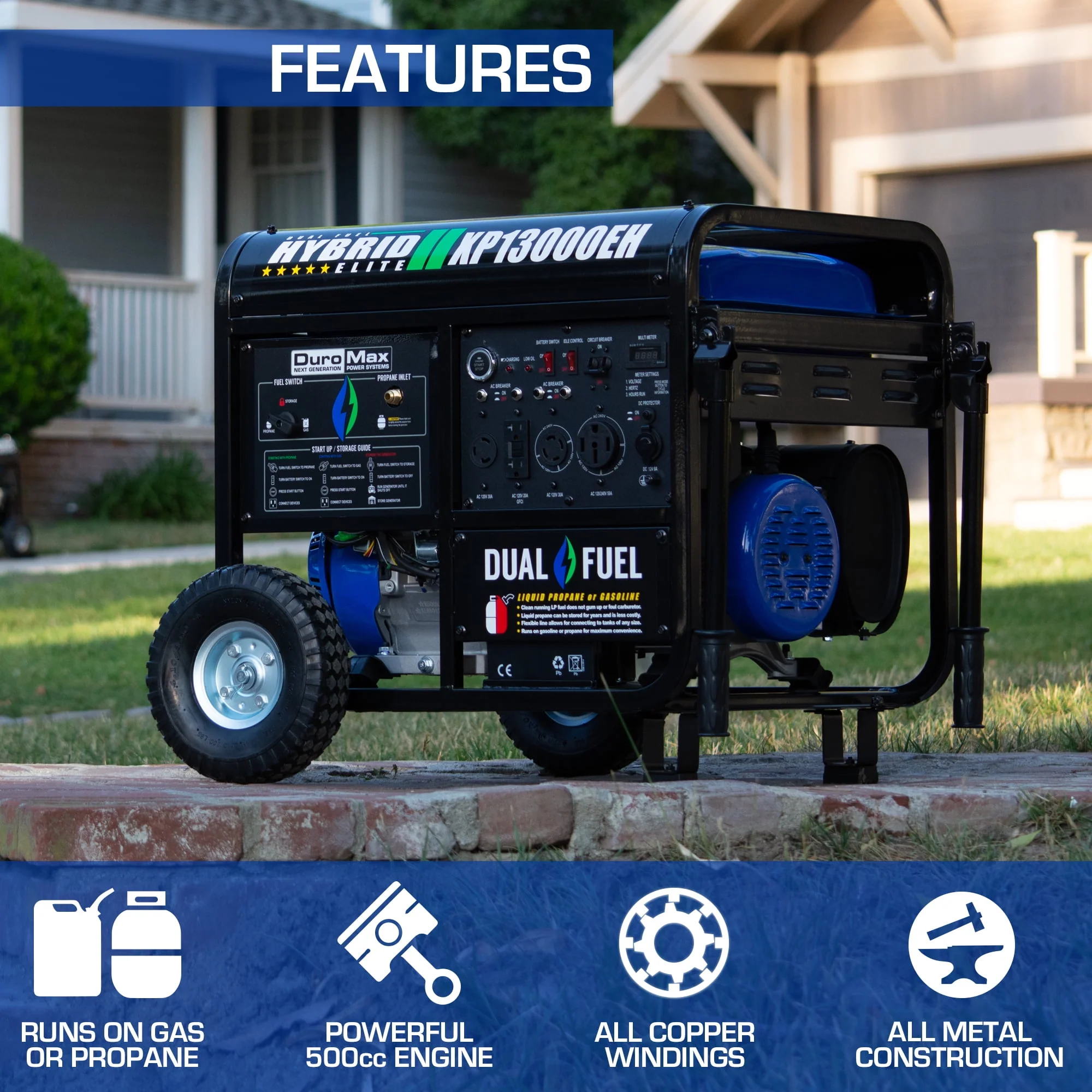 DuroMax XP13000EH 13,000-Watt 500cc Portable Hybrid Gas Propane Generator