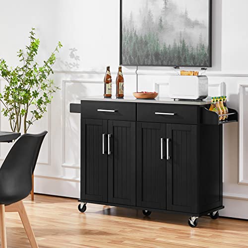 Yaheetech Kitchen Island Cart with Storage & Stainless Steel Countertop, Portable Kitchen Island on Wheels with Cabinet & Adjustable Shelves & 2 Drawers, Rolling Island Table for Kitchen, White