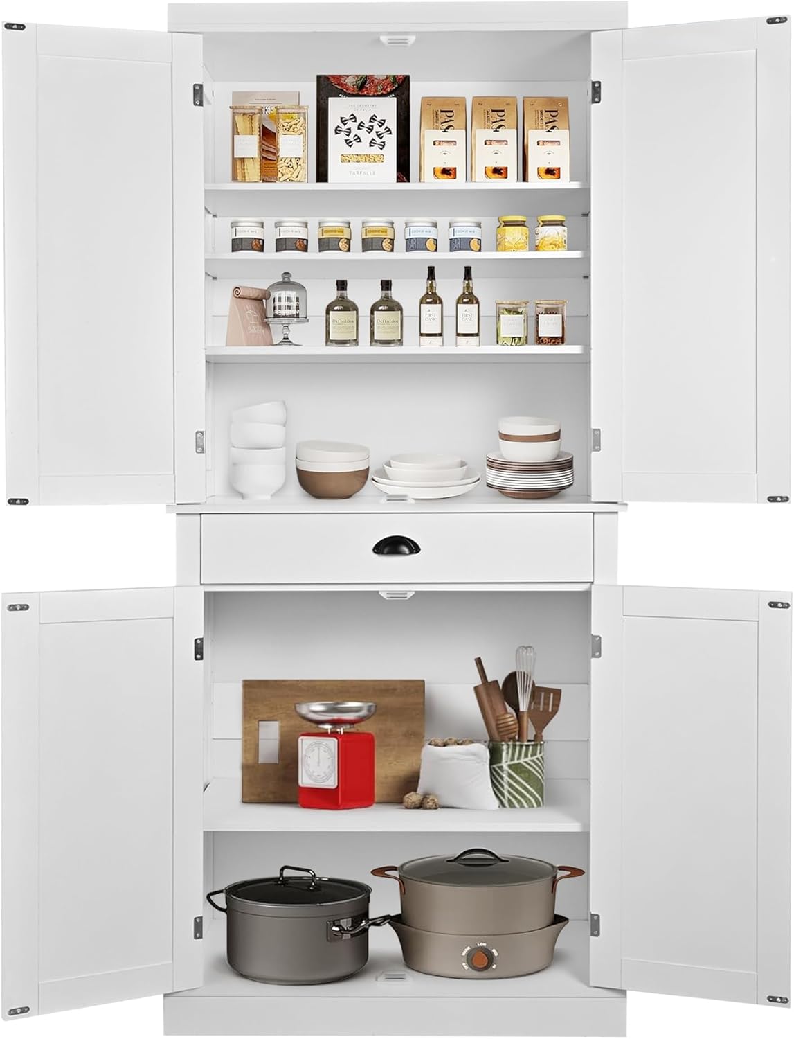 SULIVES Kitchen Pantry Storage Cabinets,Storage Cabinets with 4 Doors and 6 Shelves,73" Tall Food Pantry Cabinets for Kitchen Storage,Versatile Kitchen Hutch Cabinet with Storage,White
