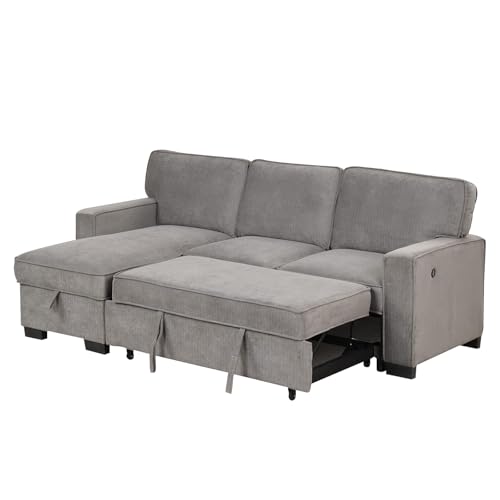 Convertible Sleeper Sofa 3 in 1, Chenille Modern L-Shaped Couches for Living Room, Pull Out Sectional Futon Sofa Bed with Storage Space, USB Ports and Cup Holders for Bedroom, Grey