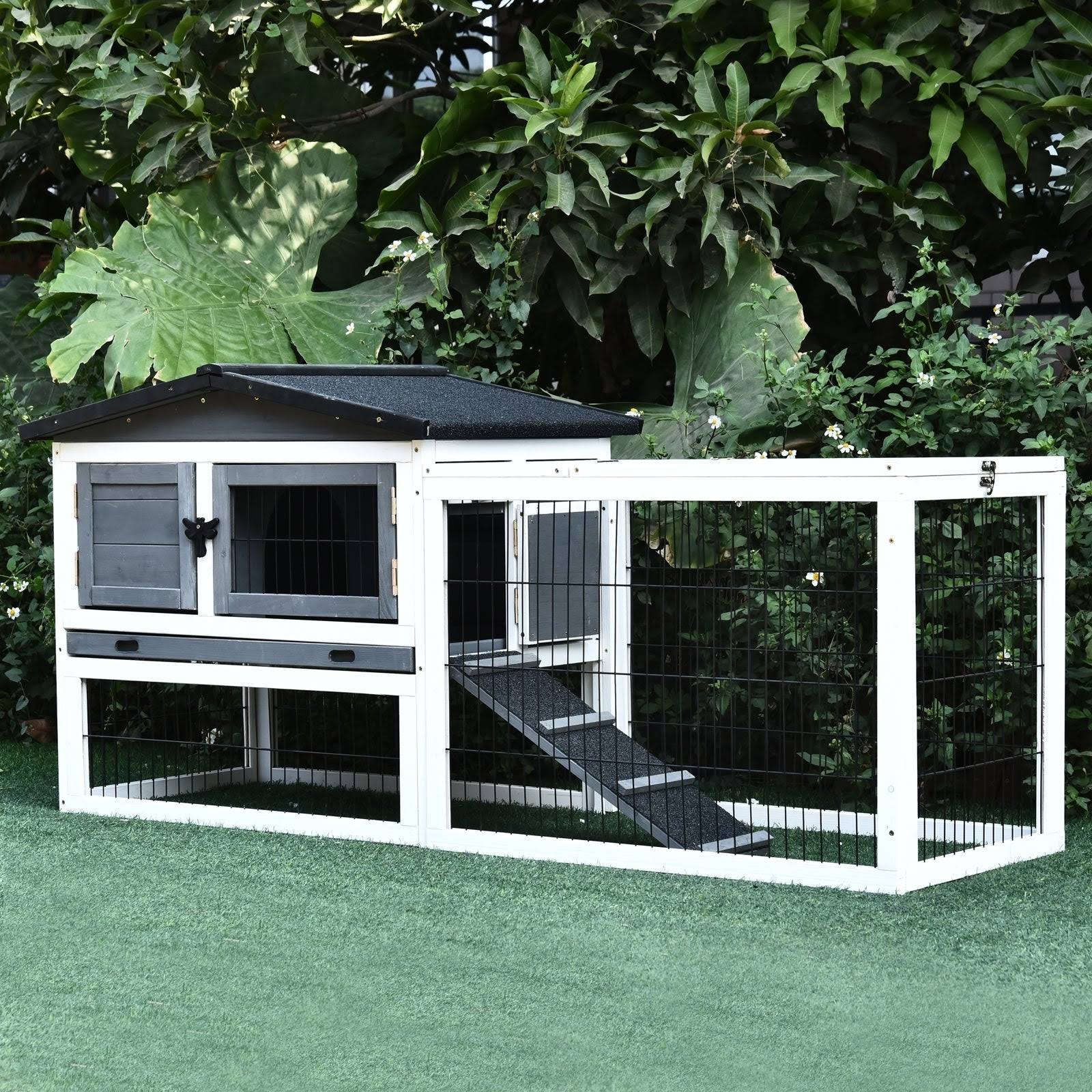 PawHut Solid Wood Rabbit Hutch with 2 House Levels and Patio Space, Strong Black Metal Cage WIRE, and Easy Clean Tray