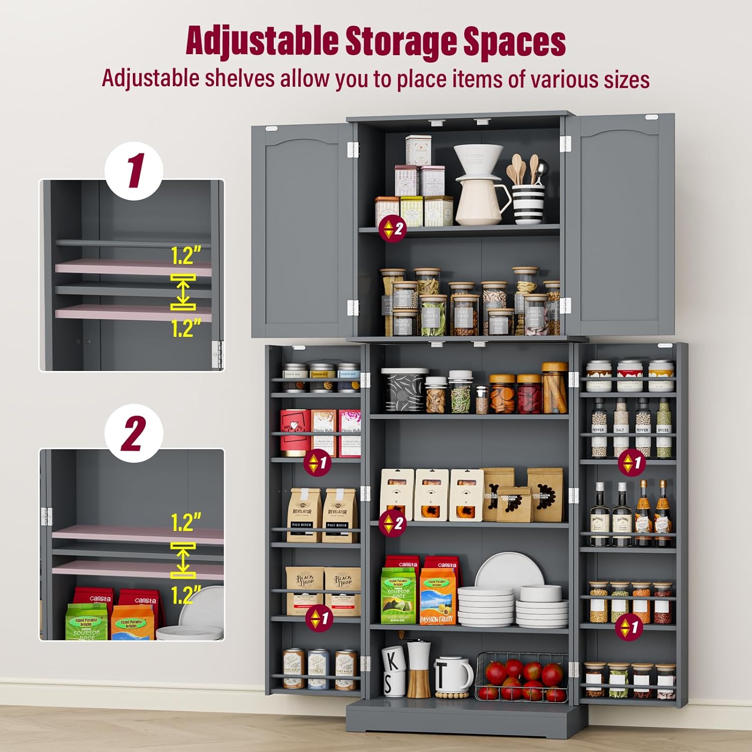 HOME BI 64" Kitchen Pantry Cabinet, Tall Freestanding Pantry Storage Cabinet, Food Pantry Cabinets with Doors and Shelves for Home Kitchen, Dining Room, Living Room, Gray.