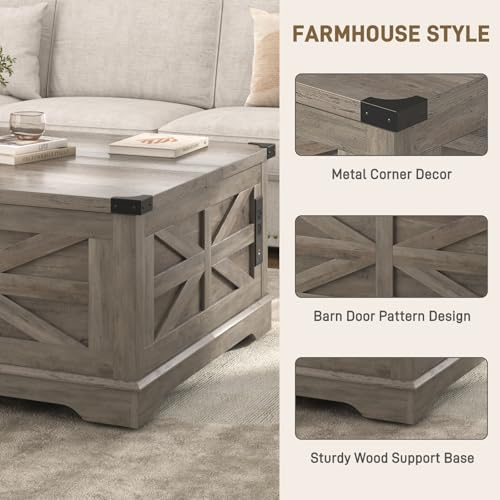36" Farmhouse Movable Lift Top Coffee Table with Storage and Power Outlets, Square Wood Living Room Tables with Wheels&Large Hidden Space, Lift Wooden Barn Door Center Table, White
