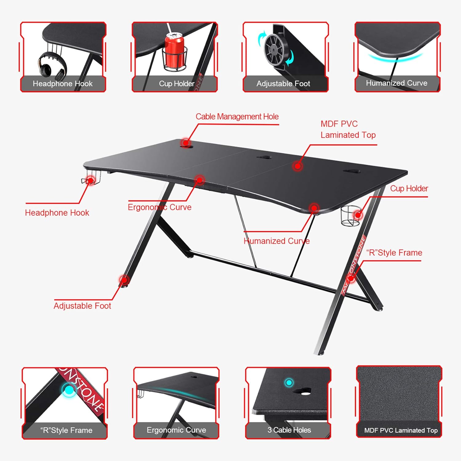 Mr IRONSTONE Large Gaming Desk 63 W x 32 D Home Office Computer Table, Black Gamer Workstation with Cup Holder, Headphone Hook and 3 Cable Management Holes