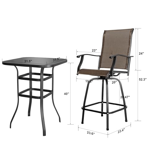 NUU GARDEN 5 Piece Patio Bar Set with Square Silk Screen Bar Height Glass Table and 4 Counter Textilene Height Swivel Chairs for Patio, Yard, Outdoor, Black&Brown