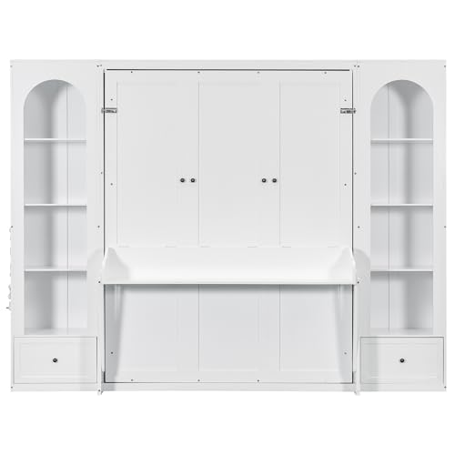 KLMM Wooden Murphy Bed Wall Bed with 2 Wardrobe and Storage Shelf,Foldable Platform Bedframe for Guest-Room Bedroom Study Office Use (White#E, Full)