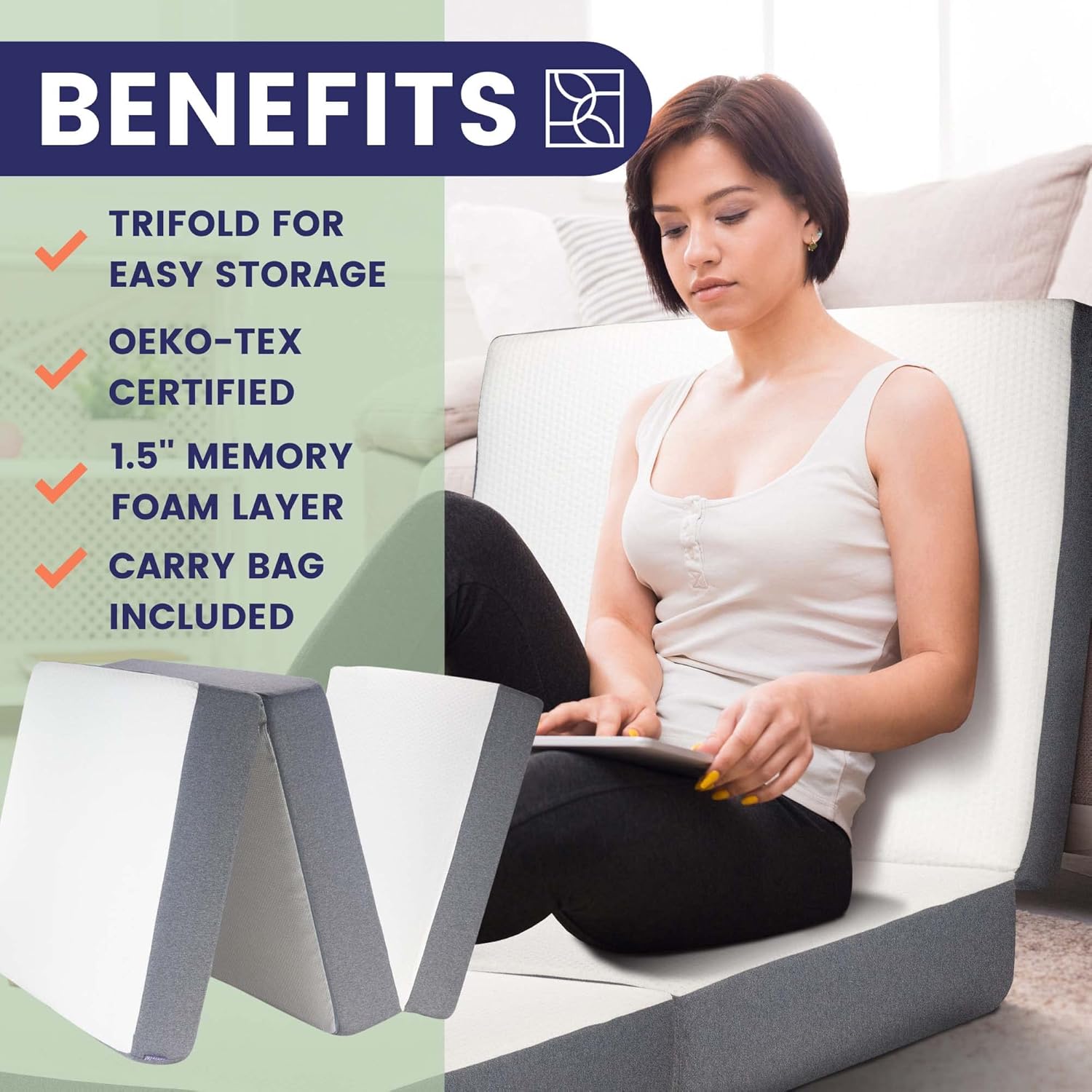 Trifold Mattress - Folding Mattress w/Carry Bag - 5.5 Inch Trifold Memory Foam Mattress, Soft Oeko-TEX Cover - Perfect Portable Guest Bed, Travel Mattress - Single Fold Up Mattress by DYNMC YOU