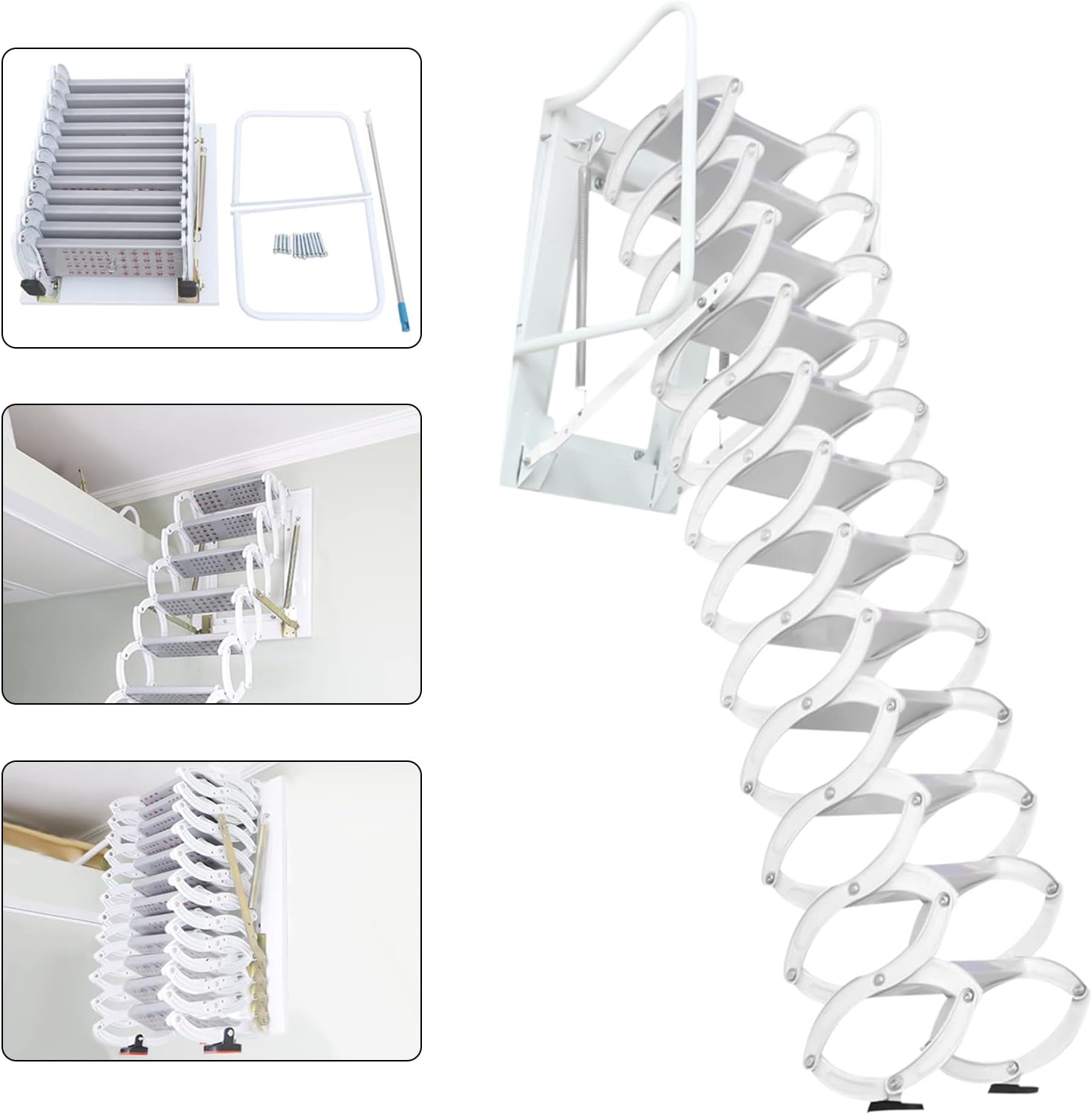 12 Steps Folding Loft Ladder with Pull Down System, 122in Height Wall-Mounted Attic Stairs Telescopic Ceiling Ladder for Attics, Garages, Out, 882lbs Max Load