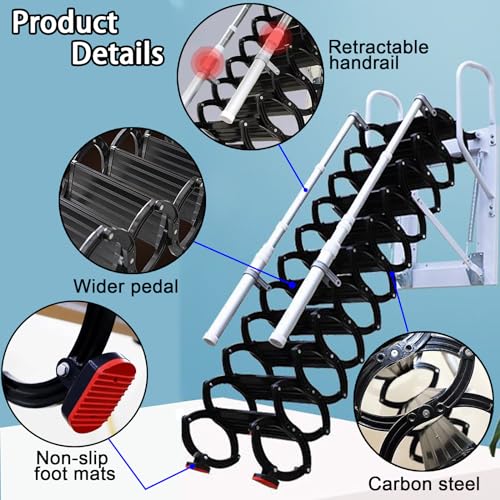 Wall-Mounted Folding Stairs, Folding Loft Staircase with Handrails,Telescoping Attic Ladder with Pull Down System, 12 Steps Attic Stairs, Home Indoor Outdoor Attic (Black)