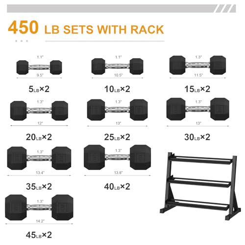 Premium Rubber Coated Hex Dumbbell Weight Set With Rack, Multiple Packages,210LB/350LB/450LB/550LB for Home Gym, Coated Hand Weights for Strength Training, Workouts
