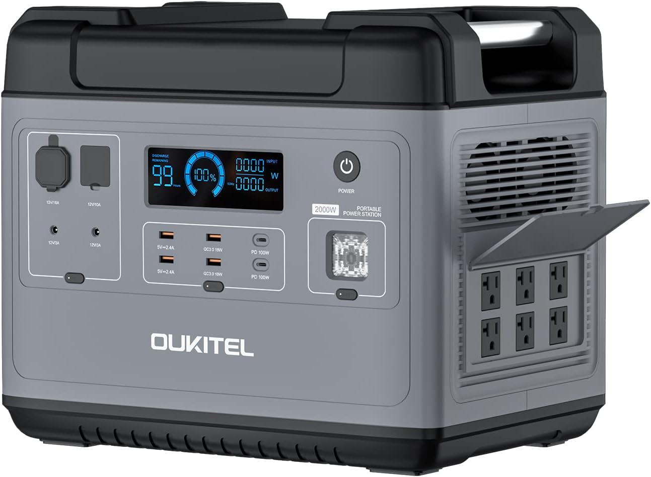 OUKITEL P2001 Solar Generator 2000W UPS Battery Backup Portable Power Station 2000Wh LiFePO4 500W Solar Input 2000W Pure Sine Wave AC Outlet for Emergency Outdoor Camping Hunting Explore, Support UPS