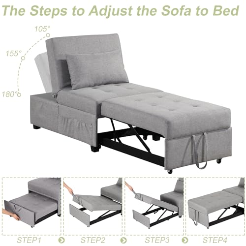 Sofa Bed Chair, 4 in 1 Convertible Sleeper Chair Bed Ottoman, Linen Fabric Pull Out Sofa Bed with Adjustable Backrest & Pillow, Single Recliner Chair for Small Space, Living Room