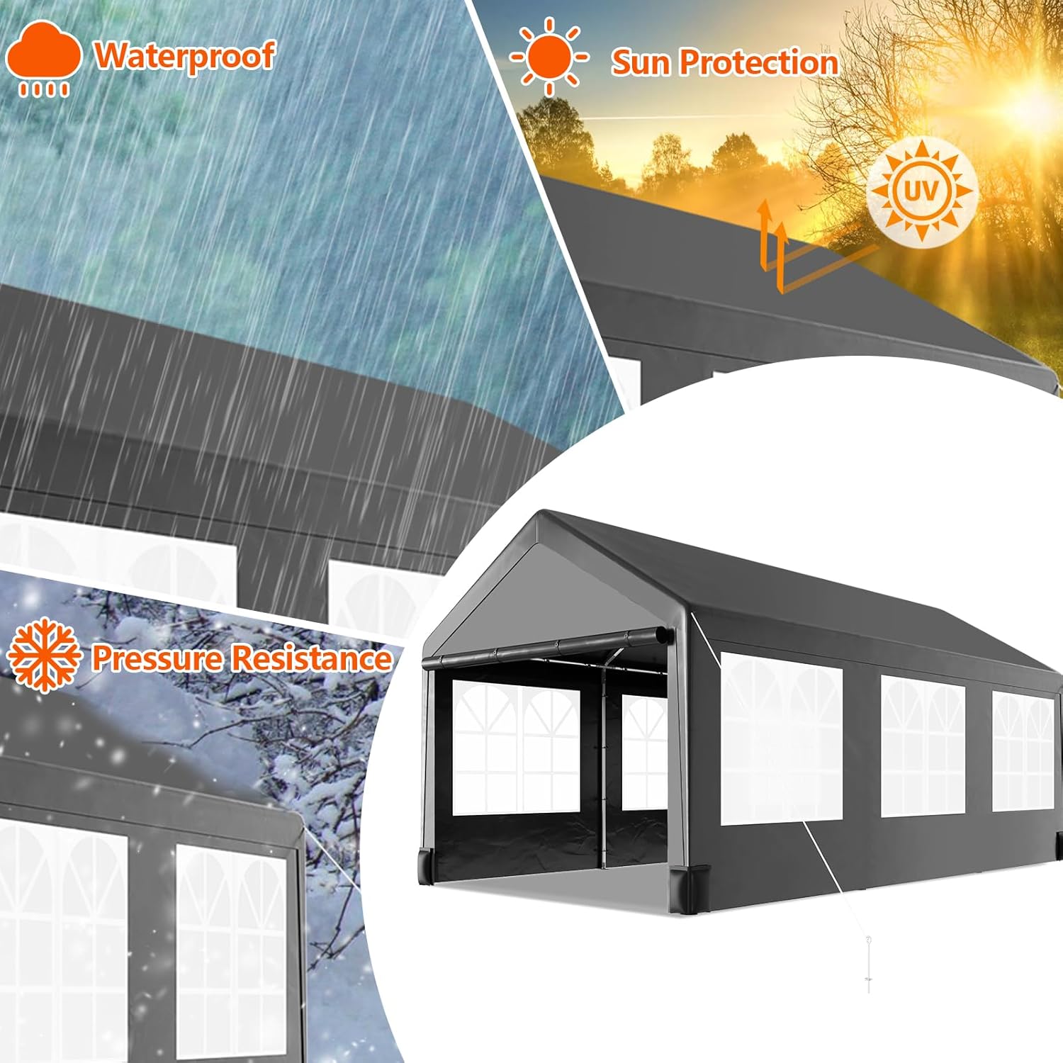10 * 20 Heavy Duty Carport Canopy, Portable Car Tent Garage with 6 Roll-up Windows and All-Season Tarp Cover, Metal Roof & 4 Sandbags for Car, SUV, Truck & Boat, Grey
