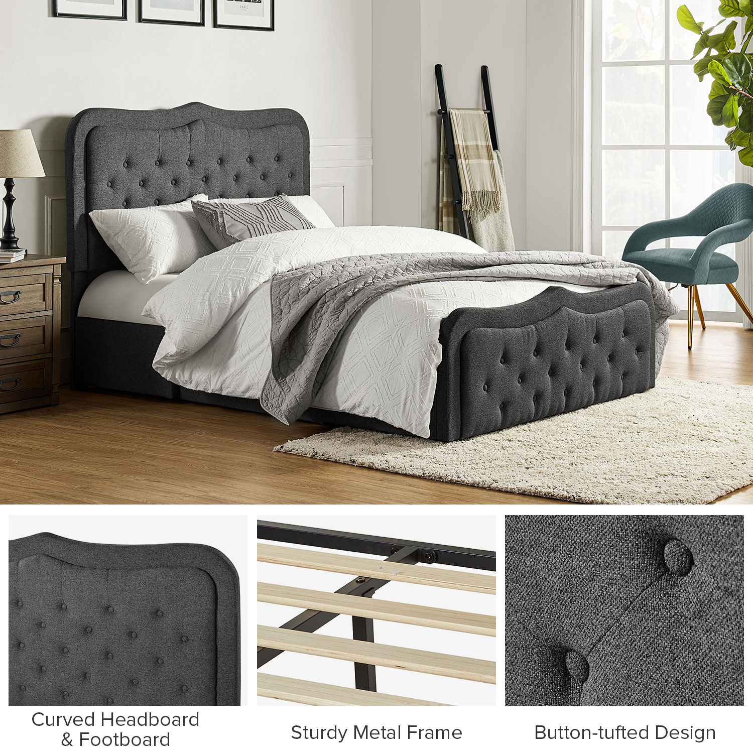 Modern King Platform Bed Frame with 7 Color LED Lights Button Adjustable Tufted Upholstered Headboard Storage Drawers Footboard Charcoal
