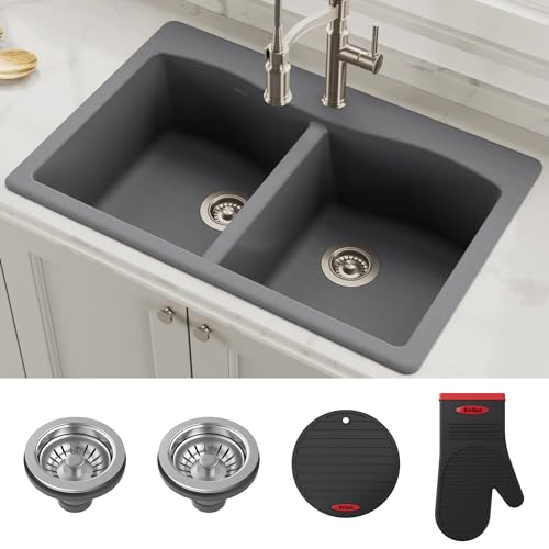 KRAUS Forteza™ 33” Dual Mount Single Bowl Granite Kitchen Sink in Black, KGD-54BLACK