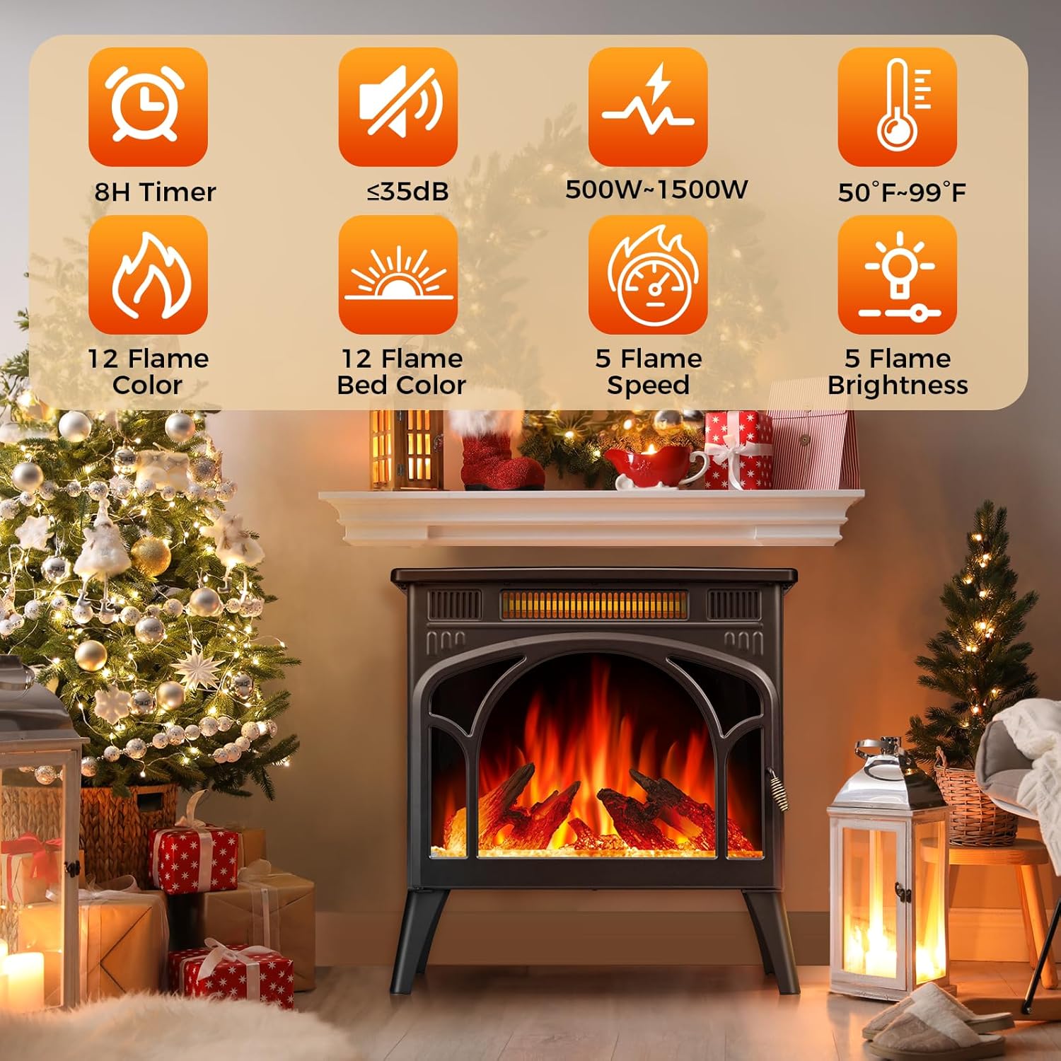 COWSAR Realistic Flame Electric Fireplace Stove, 500/1500W Freestanding Fireplace Heater with Remote Control and Timer, Adjustable Fireplace Stove Flame Color and Speed, Log Set & Crystal Options