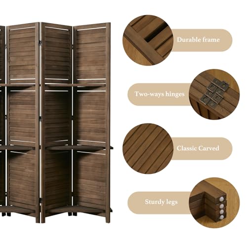 Room Divider with Shelves, 5.6 Ft Tall Folding Wood Screen with Double Hinges for Home Office Bedroom Hotel Decoration (6 Panels, Brown)