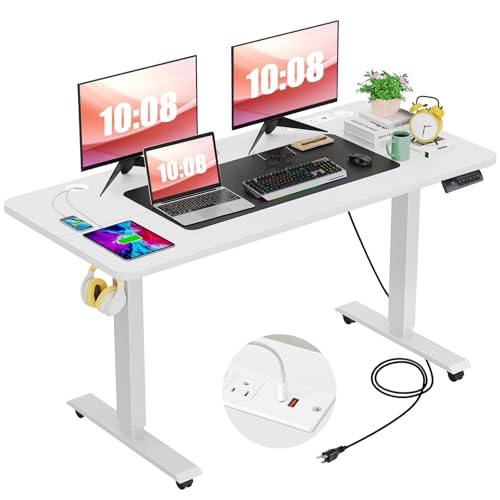 farexon Electric Standing Desk 55 x 24In with Charging Station, Stand up Desk with Oversized Mouse Pad, 2 USB Ports & 3 Power Outlets, 4 Caster, 4 Preset Heights Easy to Set（Brown）