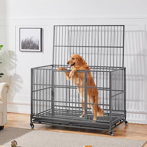 Yaheetech 48'' Dog Crate Extra Large Pet Crate XXL Indestructible Dog Crate W/2 Doors/Lockable Wheels/Removeable Trays for Indoor/Outdoor