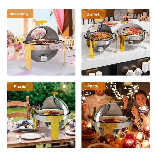 ROVSUN 3 Packs Roll Top Chafing Dish Buffet Set Gold Accent,6 Quart Round Stainless Steel Chafer, Buffet Servers and Warmers Set Warming Tray with Glass Window for Wedding, Parties, Banquet, Events