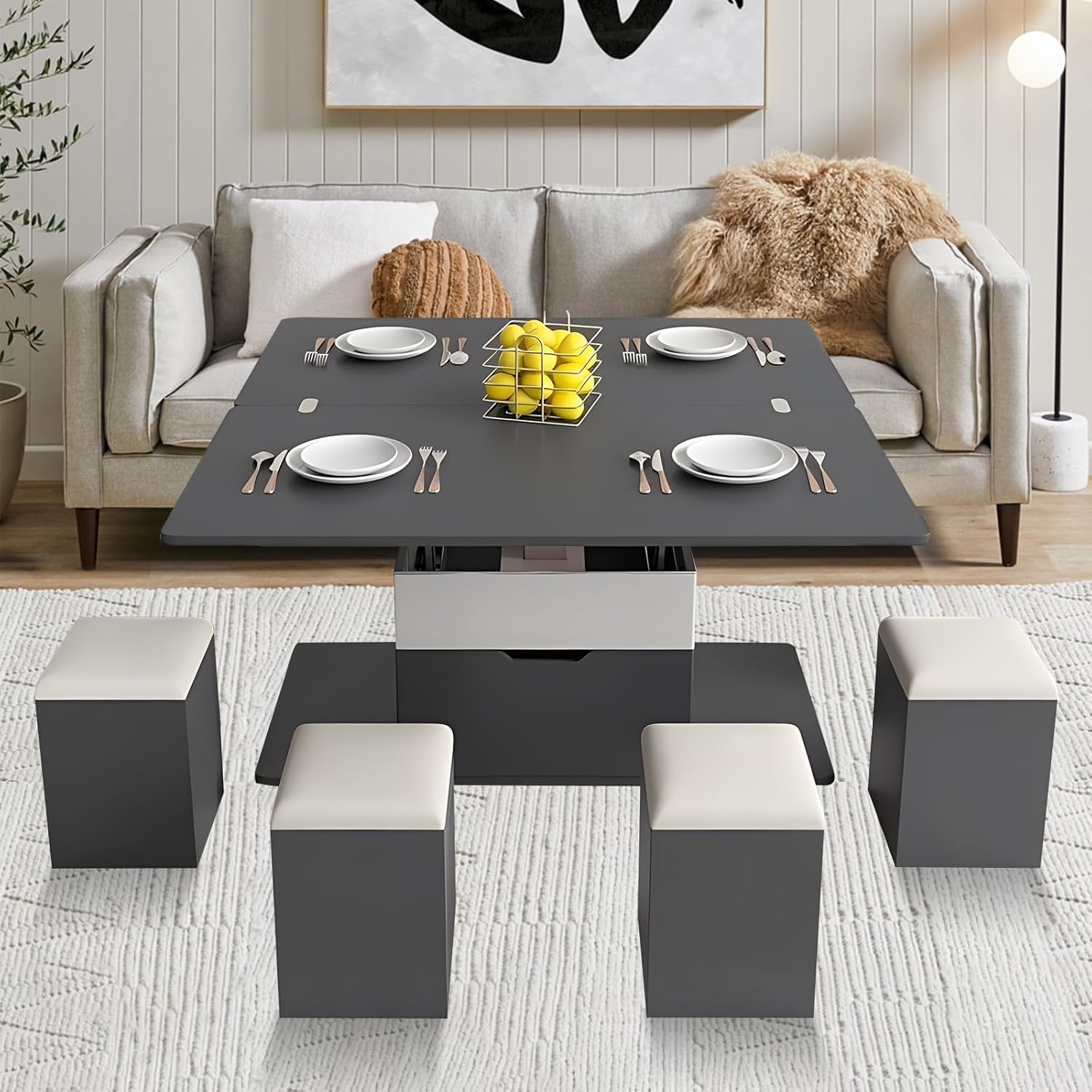 Lift Top Coffee Table,3-in-1 Multi-Functional Center Table, 4 Storage Bench, Height Adjustable Tea Table with Universal Wheel 39.37”Modern Table Dining Table for Living Reception