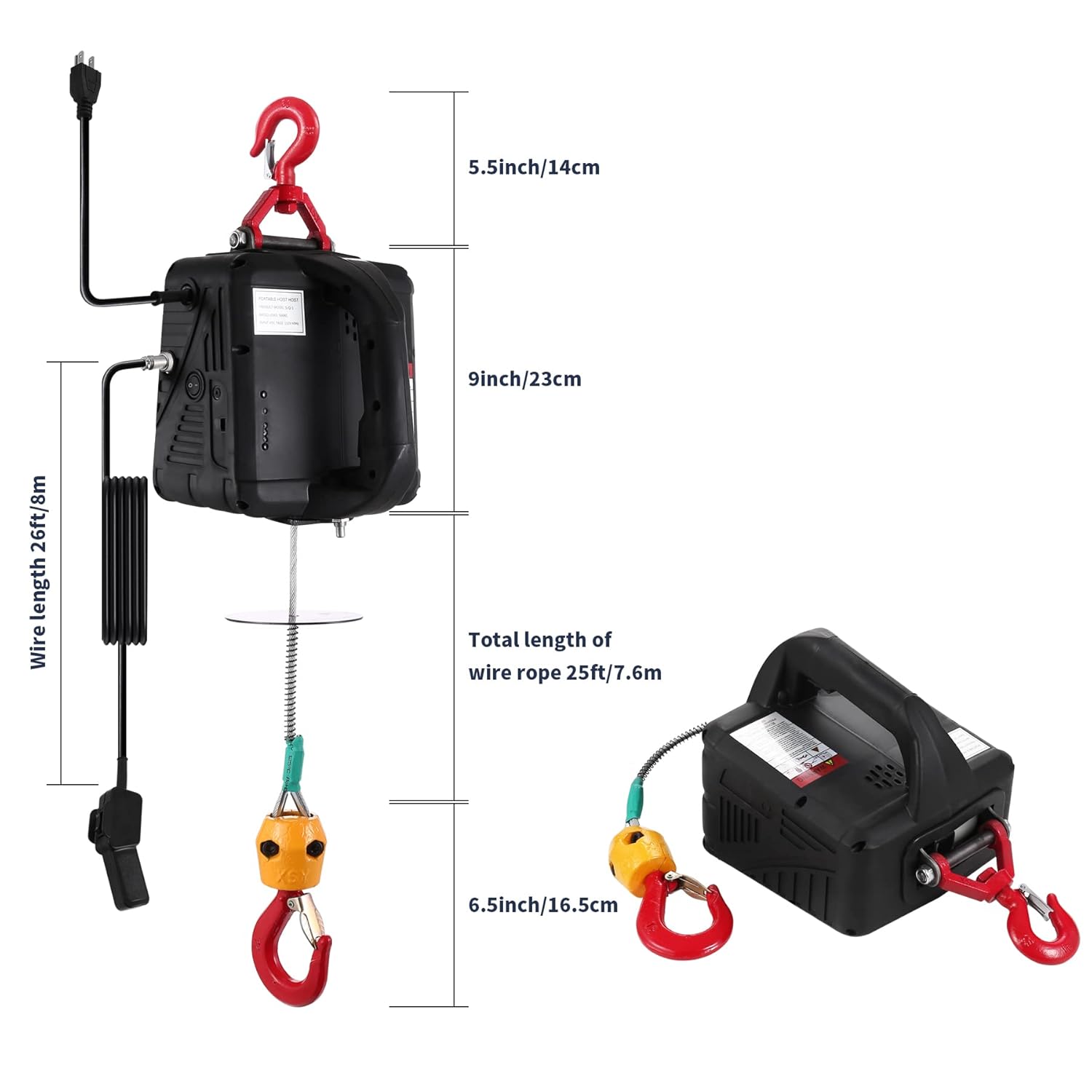 Portable 3-in-1 Electric Hoist Winch 1100 LBS, 110V 1500W Electric Winch 25ft Towing Distance with Wire&Wireless Remote Control Powerful Electric Hoist