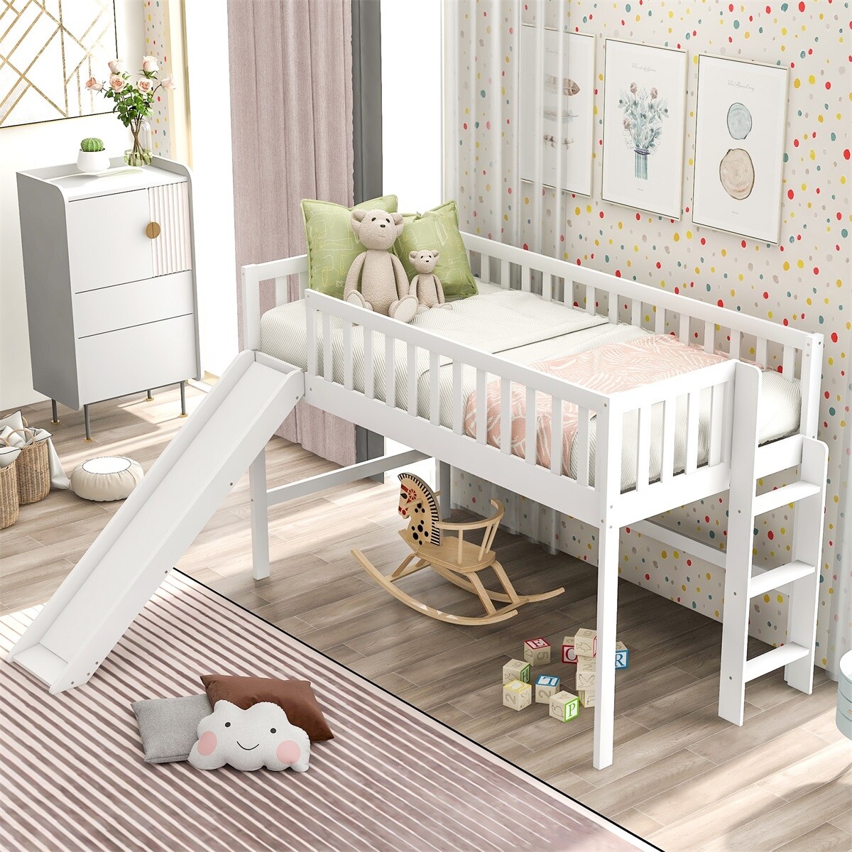 MERAX  Wooden Low Loft Bed with Slide and Ladder for Kids White
