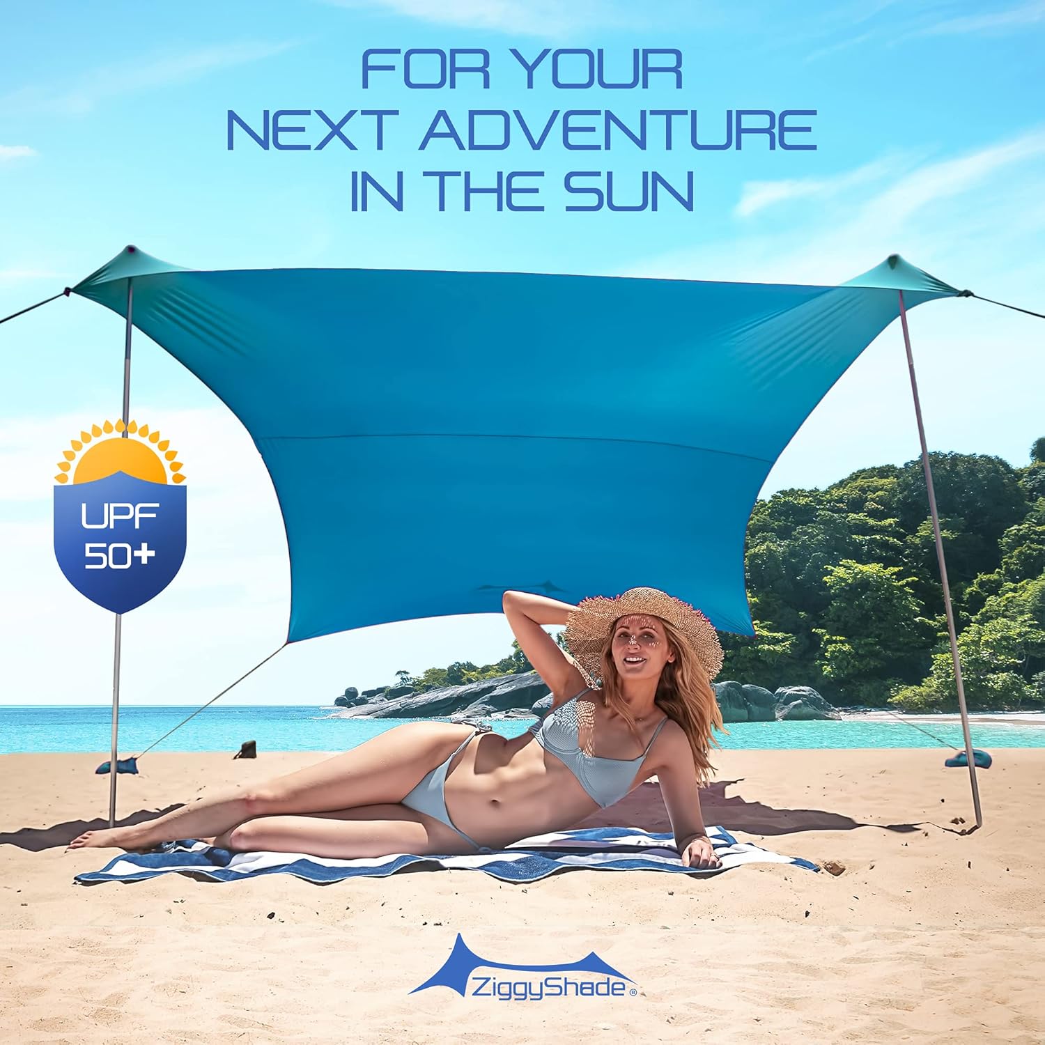 ZiggyShade Family Beach Sunshade – Lightweight Sun Shade Tent with Sandbag Anchors & 4 Free Pegs | UPF50+ UV Quality Lycra Fabric | Large & Portable | Canopy for Parks & Outdoor