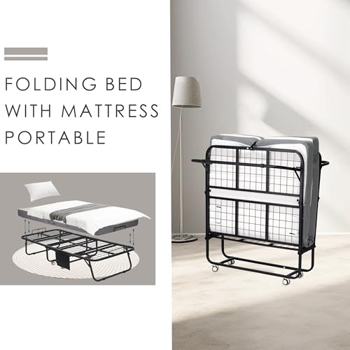 Folding Bed, Portable Foldable Bed with Mattress, 75"x 38" Rollaway Bed Guest Bed for Adults, Fold up Bed with Sturdy Metal Frame& Wheels, Space-Saving Sleeper Bed,Black