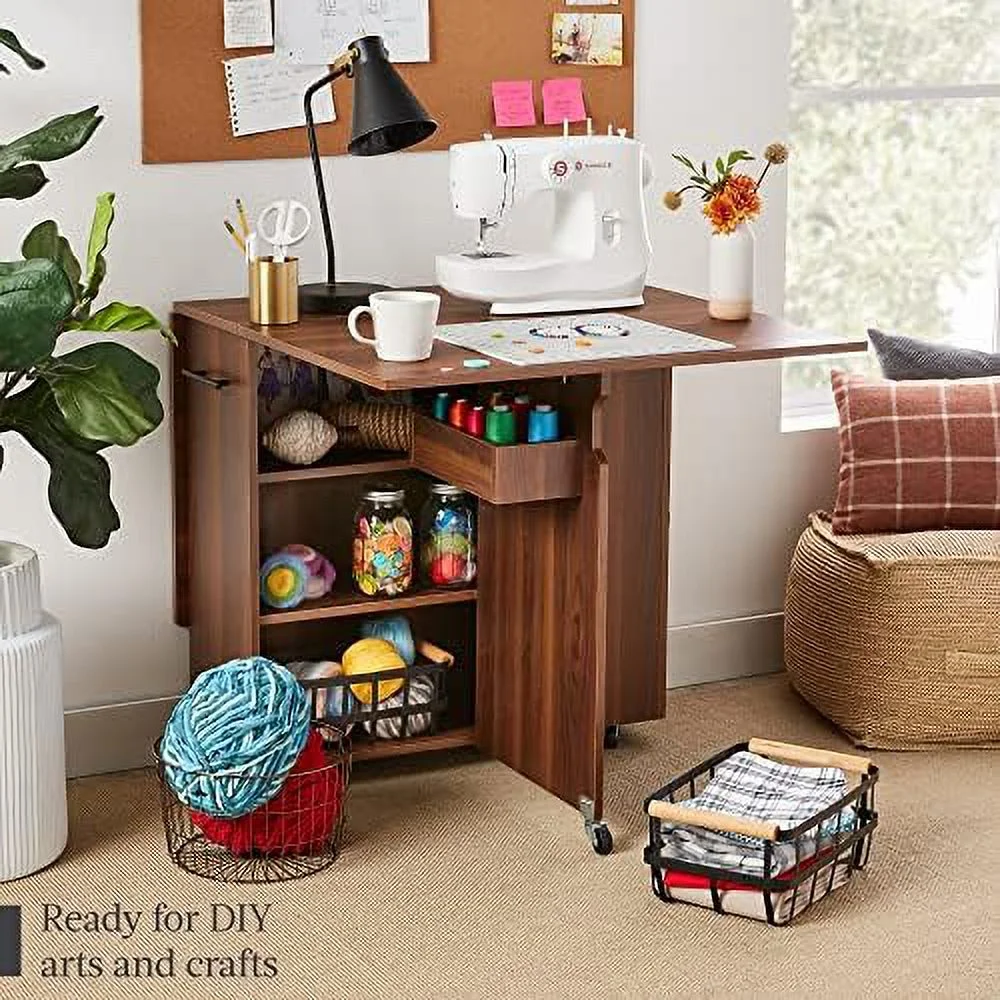 HJZUINIUNIU Folding Dining Table  Multipurpose Collapsible Drop Leaf Extension  Versatile Space Saving Desk  w/Wheels  3  Shelves  Metal Handle - Brown