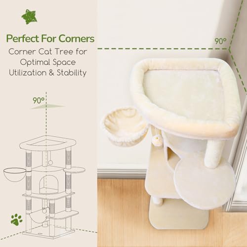 Globlazer Corner Cat Tree for Large Cats, 66inch Tall Curved Series Large Cat Tower for Multiple Indoor Cats with 6 Scratching Posts, 2 Spacious Cat Condos, Hammock, Hanging Basket, C66, Beige