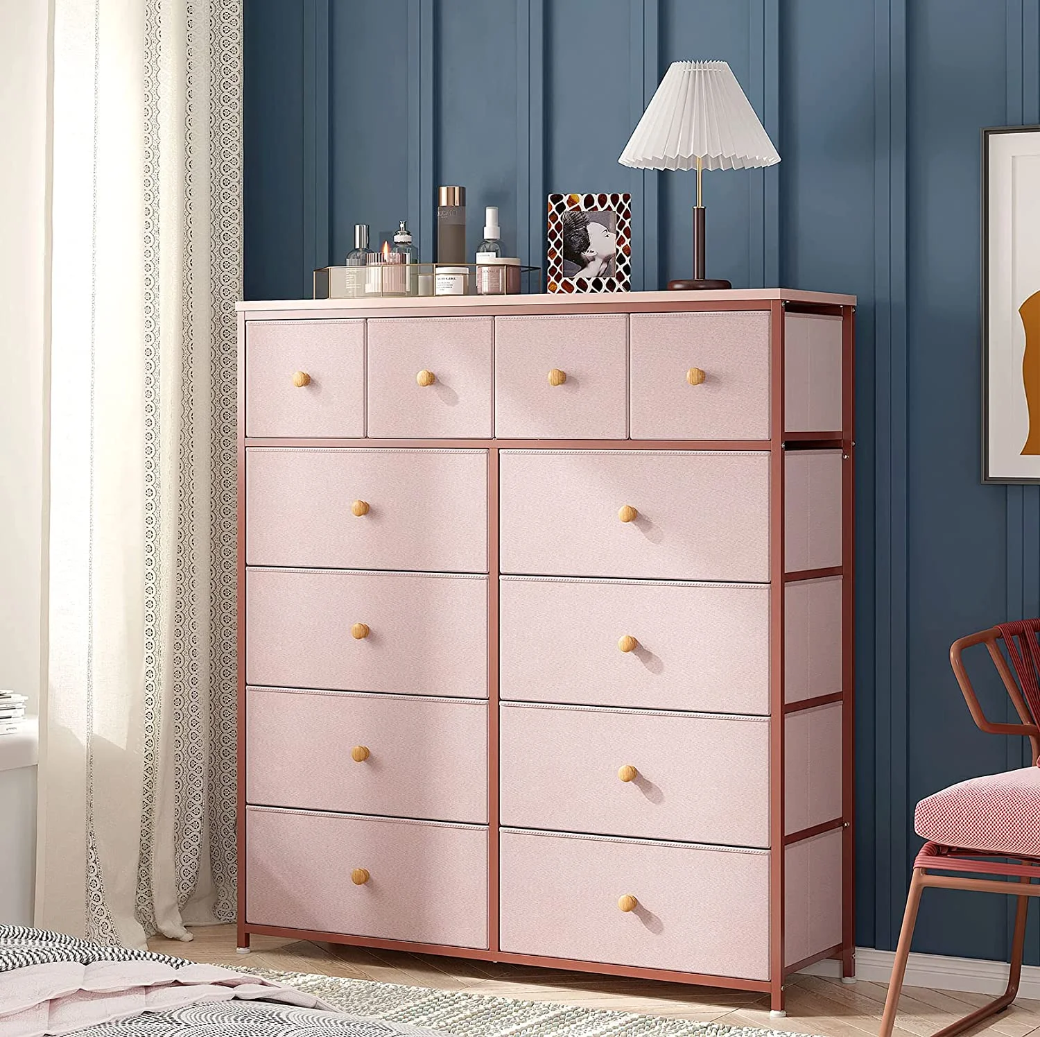 Pink Dresser for Girls Bedroom with 12 Drawers Girls Dressers for Bedroom Pink Chest of Drawers with Wood Top, Metal Frame, Tall Dressers for Bedroom, Closet, Nursery, Living Room Pink