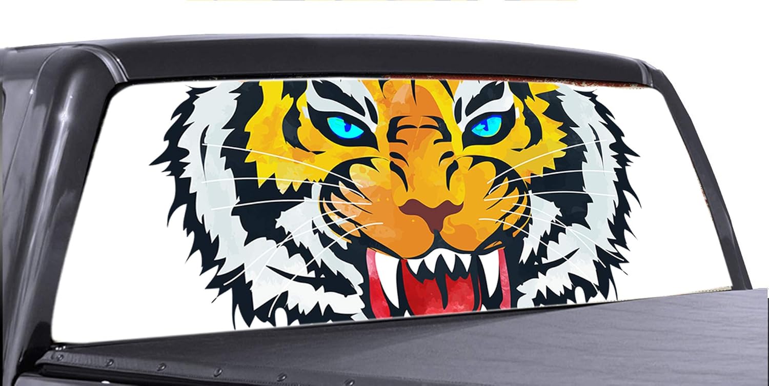 P&L ART. Truck Back Window Tint Tiger Graphic Decal, Perforated Wrap Sticker, Removable Easy Peel and Stick Tint, 53x14 Inch Pack of 2