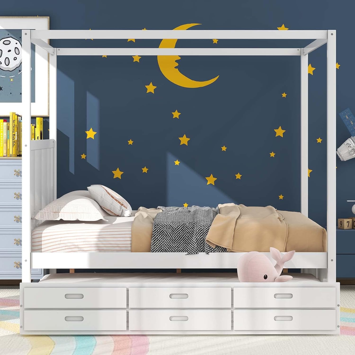 Queen Size Wood Canopy Platform Bed with Twin Size Trundle Bed and 3 Storage Drawers, Sturdy Wood Slats Support, No Box Spring Required, Simple Assembly for Boys Girls Teenagers and Adults, White