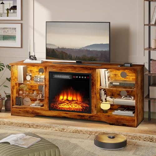 Lemberi Fireplace tv Stand with 36 inch Fireplace Up to 80" TVs,LED Light Entertainment Center and Storage, 70" Modern Wood Media TV Console with Highlight Cabinet for Living Room