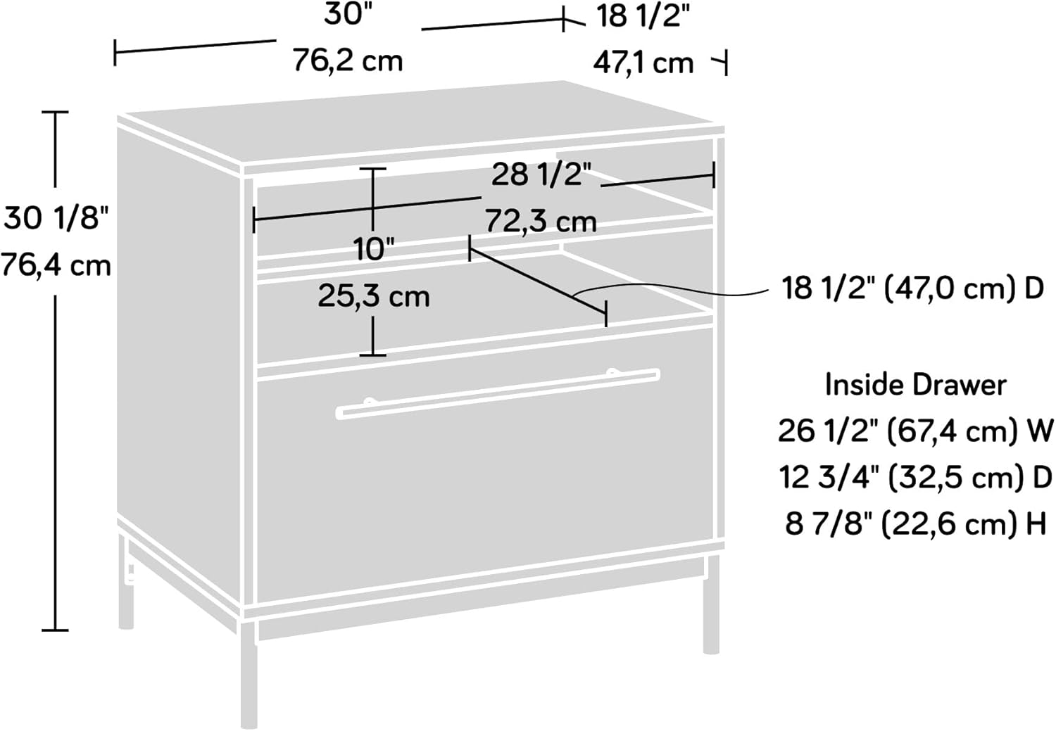 Sauder Vista Key Lateral File Pedestal, L: 30.00" x H: 18.54" x W: 30.08", Pearl White Finish