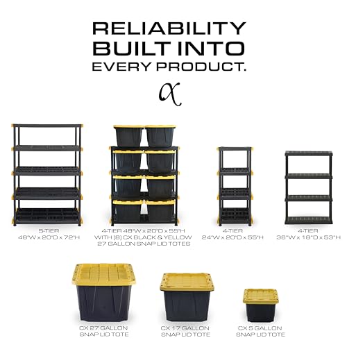 CX Black & Yellow®, 5-Tier Heavy Duty Plastic Storage Shelving Unit, 200lbs/shelf (72”H x 48”W x 20”D), for Indoor/Outdoor Organization, Modular Rack