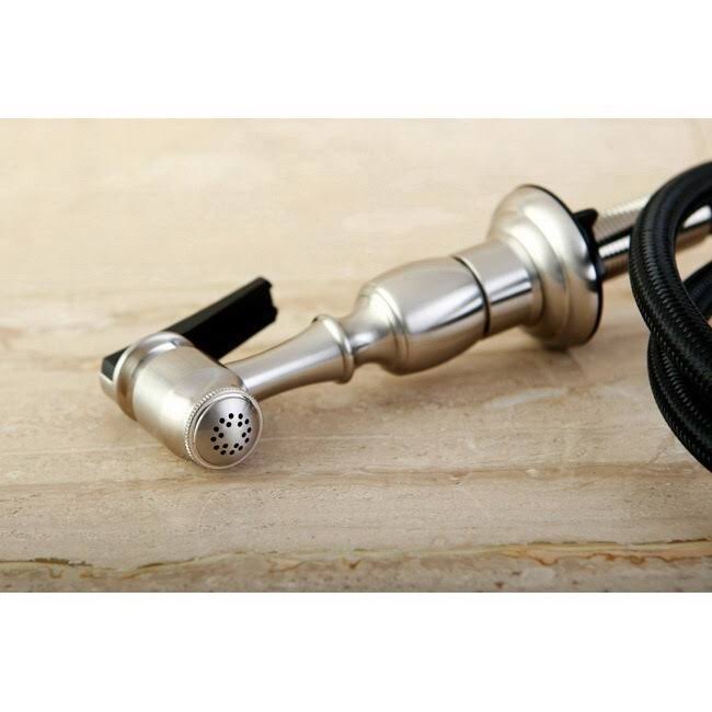 Kingston Brass KS1778ALBS Heritage Satin Nickel Double Handle Kitchen Faucet with Brass Sprayer