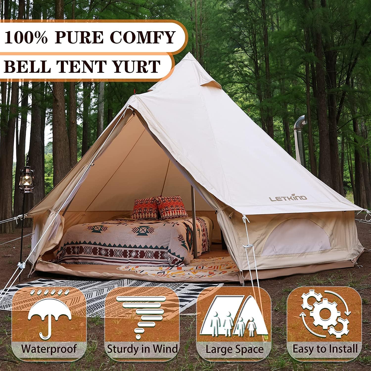 Canvas Bell Tent Yurt with Stove Jack, 4 Season Waterproof Camping Tent 4/6 Person Luxury Outdoor Glamping Tent for Camping, Cotton Tent Bell for Winter Camping, Hunting Party
