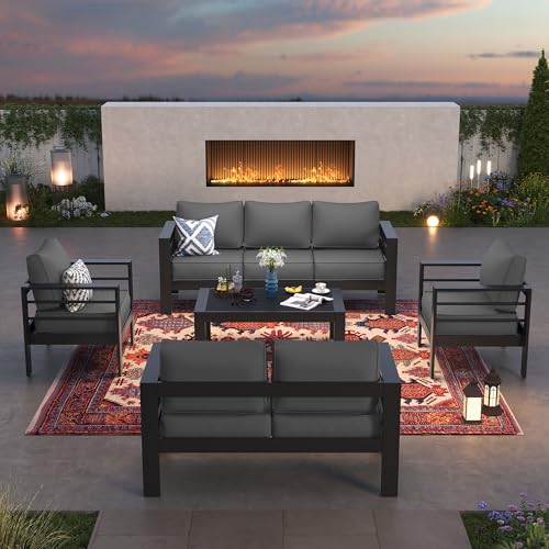 UDPATIO 8 Piece Aluminum Patio Furniture Set, Oversized Modern Outdoor Furniture Set with Olefin Fabric Cushion for Patio Deck Backyard, Dark Grey(with Waterproof Covers)