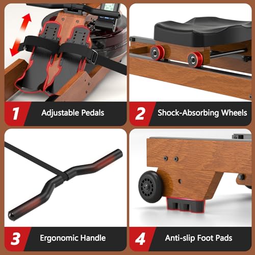 Water Rowing Machine for Home Use, WENOKER Wooden Foldable Rower Machine with Adjustable Monitor & Bluetooth APP, Large Water Tank & Comfortable Seat for Immersive Water Rower, 350LBS Weight Capacity