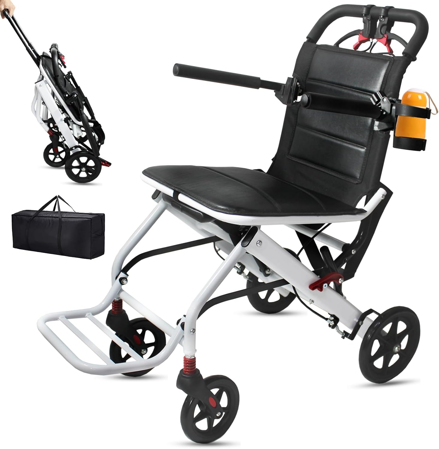 Lightweight Transport Wheelchair with Telescopic Handle, Folding Travel Wheelchairs for Adults Seniors Kids, Portable Padded Transport Chair with Travel Bag, Support 220lbs