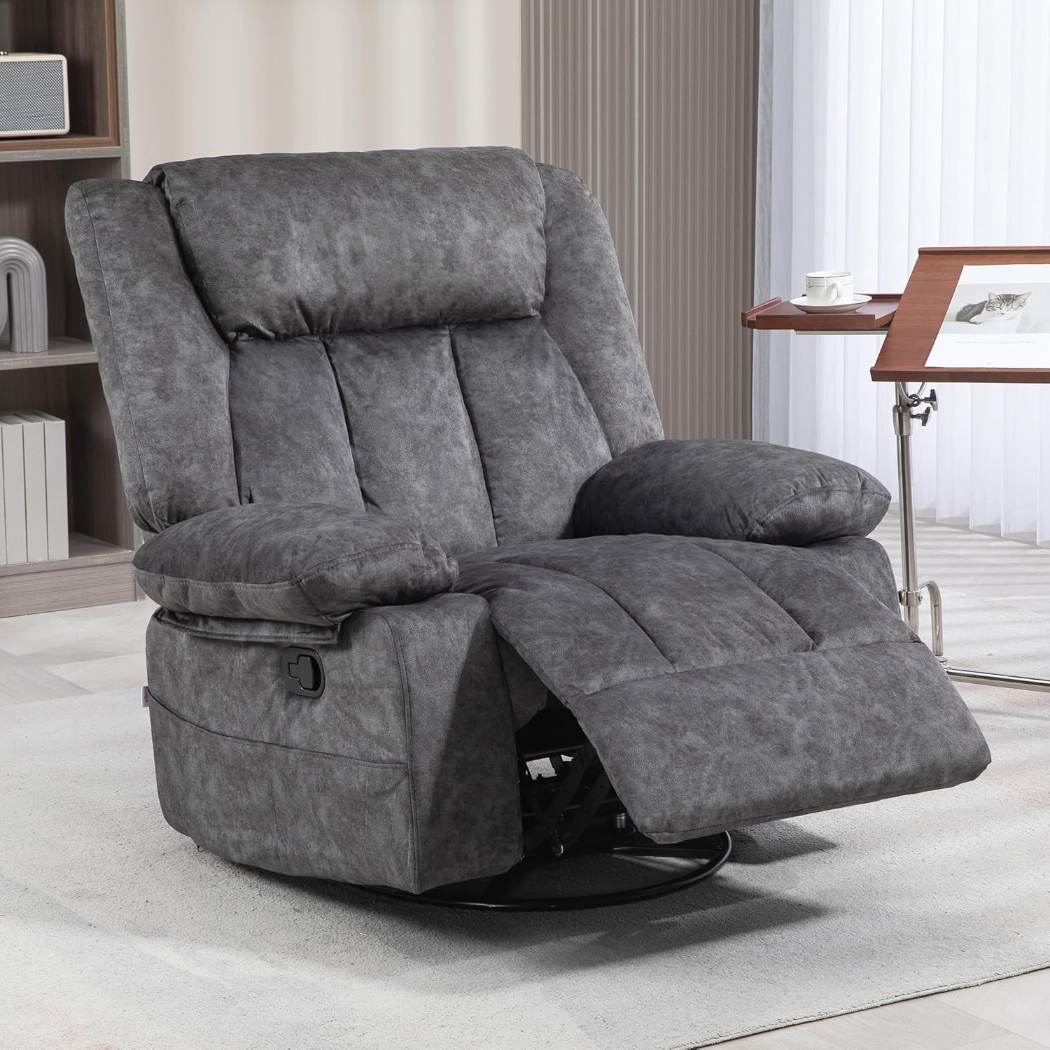 Swivel Rocker Recliner Chairs - Manual Recliner Chair with 360 Degree Swivel and Rocking Function, Gray Recliner Chair with Side Pockets and Metal Base, Heavy Duty Recliner for Living Room