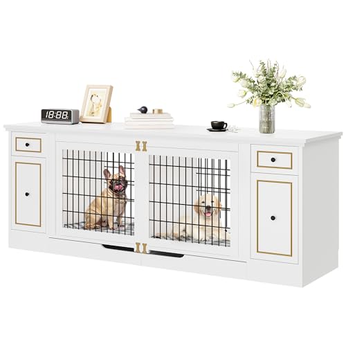 YITAHOME Double Dog Crate Furniture with Tray, 79" Dog Kennel TV Stand with Storage, Wooden Large Dog Kennel for 2 Small/Medium Dogs, White