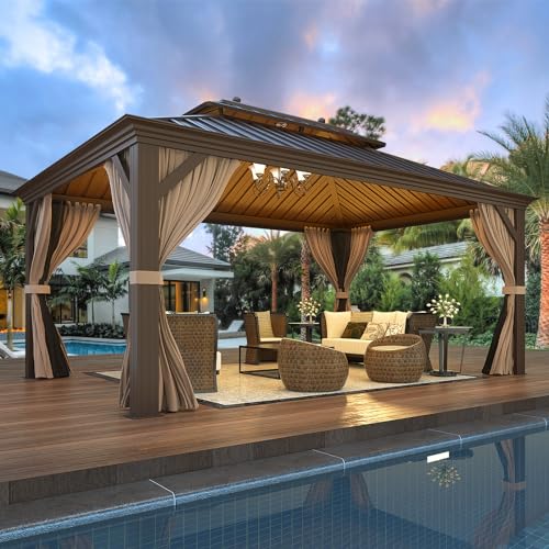 EROMMY 14'x20' Hardtop Gazebo Double Roof Galvanized Steel Canopy Outdoor Aluminum Frame Permanent Metal Pavilion with Netting and Curtains for Patio Backyard Deck and Lawns