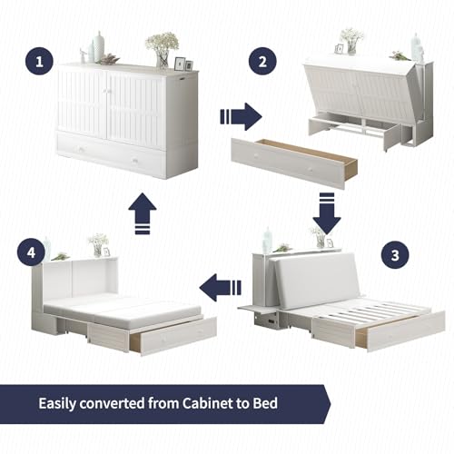 Murphy Cabinet Chest Bed, Elegant Queen Size Wall Bed with Charging Station, Storage Drawer, Solid Wood Frame and Folding Mattress, Ideal for Small Space and guest room -B (Burnt Orange)