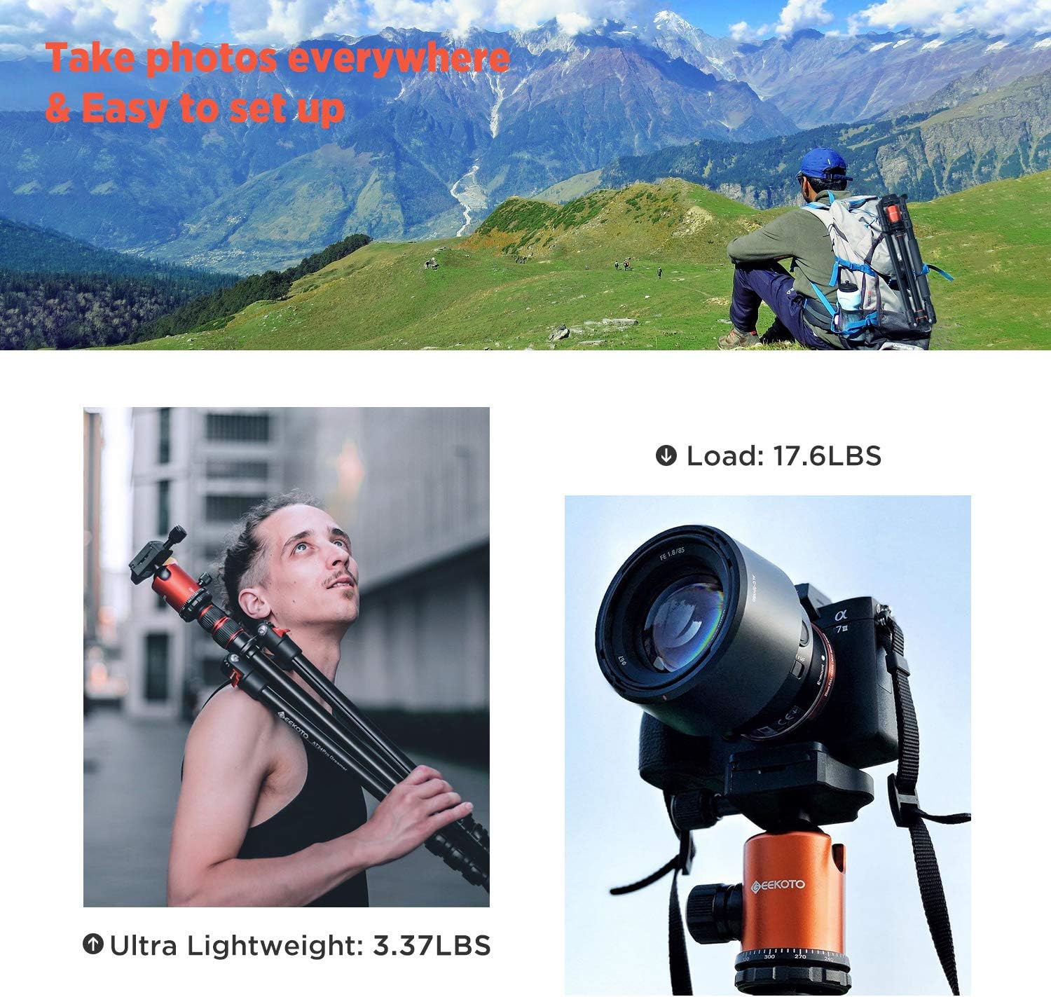 GEEKOTO 77'' Tripod, Camera Tripod for DSLR, Compact Aluminum Tripod with 360 Degree Ball Head and 8kgs Load for Travel and Work